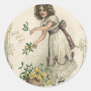 Sticker Rond Saint-Valentin vintage, fille victorienne avec des