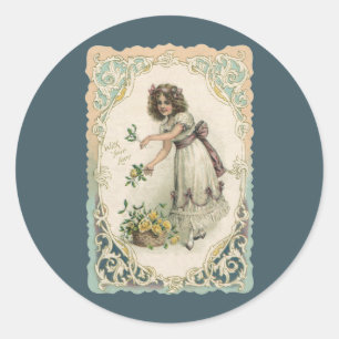 Sticker Rond Saint-Valentin vintage, fille victorienne avec des