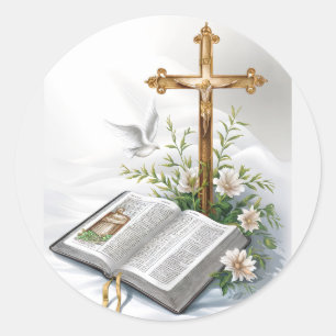 Sticker Rond Sainte Bible et Croix chrétienne