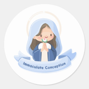 Sticker Rond Sainte Vierge Kawaii Sérène Priant avec Fleur – Bl