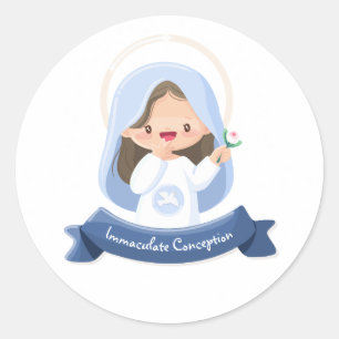 Sticker Rond Sainte Vierge Kawaii Souriante avec Fleur – Blanch