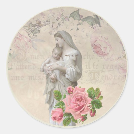 Sticker Rond Sainte Vierge Marie Jésus Agneau Roses (Devant)
