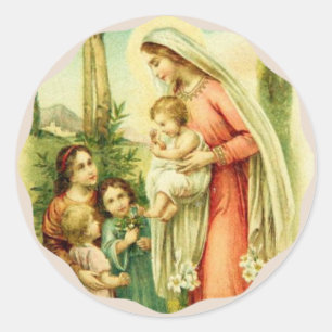 Sticker Rond Sainte Vierge Marie tenant bébé Jésus Enfants