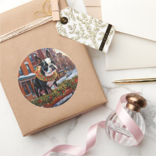 Sticker Rond Saison de Noël de Boston Terrier