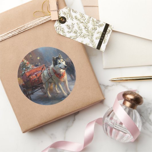 Sticker Rond Saison de Noël du Malamute de l'Alaska (Cadeaux)