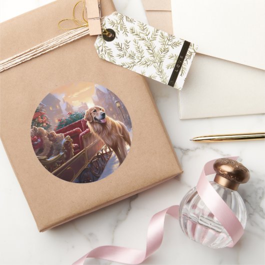 Sticker Rond Saison de Noël Golden Retriever (Cadeaux)