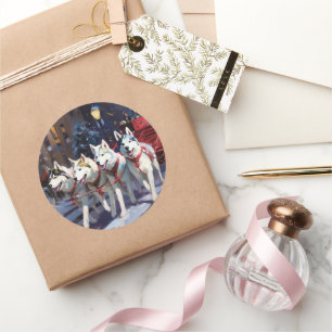 Sticker Rond Saison de Noël Sibérienne Husky