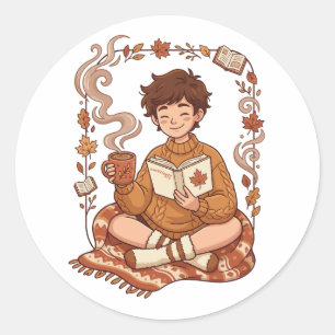 Sticker Rond Saison Douillette Lecteur d'Automne Amateur de Liv