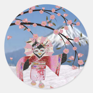 Sticker Rond Sakura Geisha Oiseau dans les Cerisiers en Fleur s