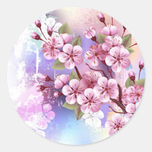 Sticker Rond Sakura rose sur la peinture Arrière - plan
