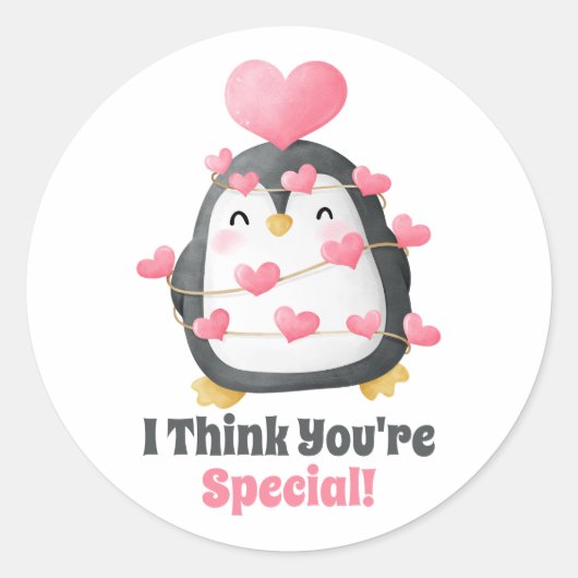 Sticker Rond Salle de classe Saint-Valentin Penguin Coeurs rose (Devant)