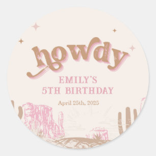 Sticker Rond Salut ! Anniversaire de la cowgirl rose occidental