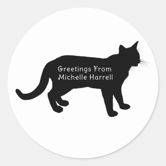 Sticker Rond Salutation Du Chat Silhouette Noir Personnalisé (Devant)