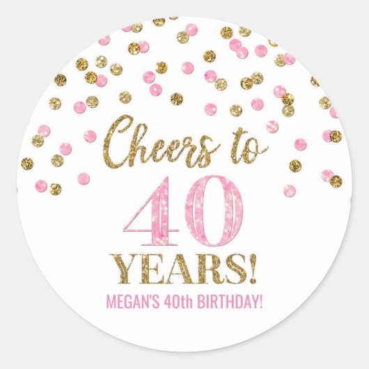 Sticker Rond Salutations à 40 Anniversaire Gold Pink Confetti (Devant)