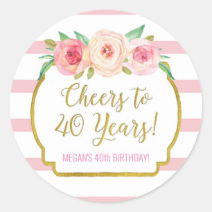 Sticker Rond Salutations à 40 ans Anniversaire rose Fleurs