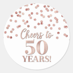 Sticker Rond Salutations à 50 Anniversaire Rose Gold Confetti