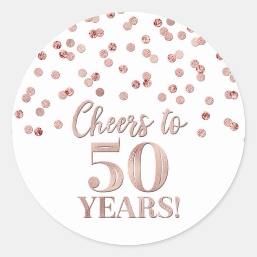 Sticker Rond Salutations à 50 Anniversaire Rose Gold Confetti (Devant)