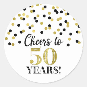 Sticker Rond Salutations à 50 ans Anniversaire Gold Noir Confet