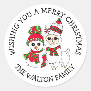 Sticker Rond Salutations de Noël Winter Llama et Snowman
