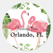 Sticker Rond Salutations d'Orlando, Floride, Flamants roses ros (Devant)