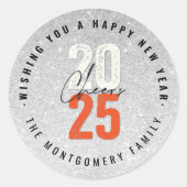 Sticker Rond Salutations Orange 2025 Parties scintillant Argent (Devant)