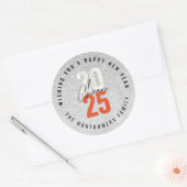 Sticker Rond Salutations Orange 2025 Parties scintillant Argent (Enveloppe)