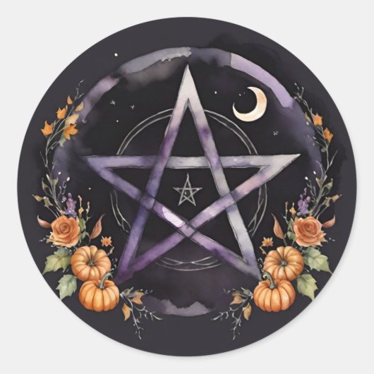 Sticker Rond Samhain Pentacle & Fall Pumpkins Witch (Devant)