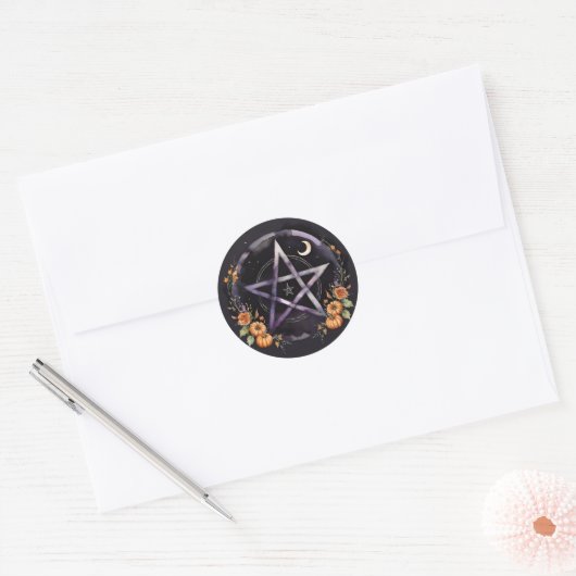 Sticker Rond Samhain Pentacle & Fall Pumpkins Witch (Enveloppe)