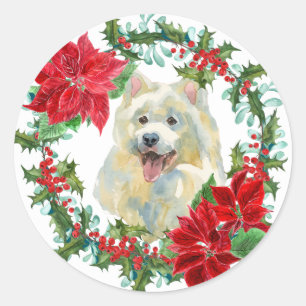 Sticker Rond Samoya Poinsettia Holly Holiday Wreath