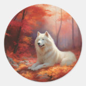 Sticker Rond Samoyé en automne Leaves Fall Inspire (Devant)