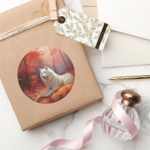 Sticker Rond Samoyé en automne Leaves Fall Inspire