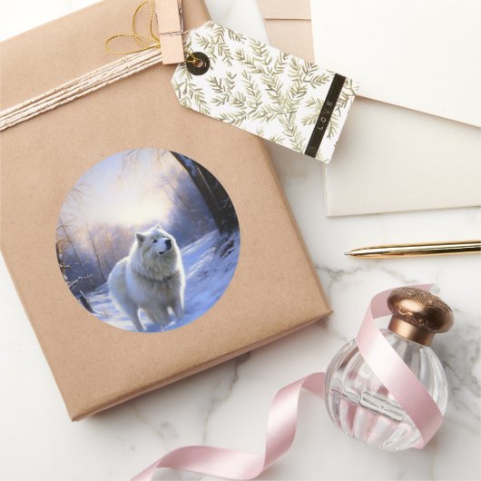 Sticker Rond Samoyed Let It Snow Christmas (Cadeaux)