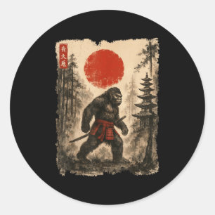 Sticker Rond Samurai Bigfoot japonais Vintage Sasquatch Ukiyo-e