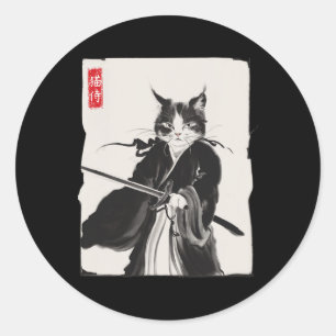Sticker Rond Samurai Cat Warrior Ink Art Drôle Style Japonais