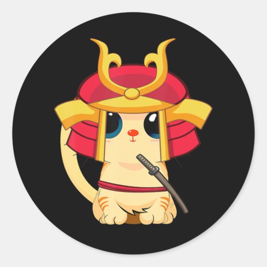Sticker Rond Samurai Chat Cute japonaise Anime Cosplay Hallowee (Devant)