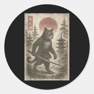 Sticker Rond Samurai Chat japonais Vintage graphique Ukiyo-e Ar
