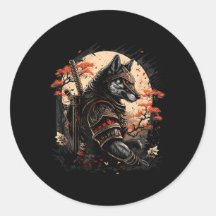 Sticker Rond Samurai Chien Japonais Tatouage Graphique Pour Hom