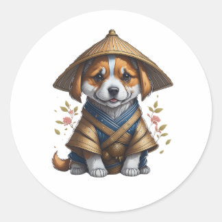 Sticker Rond Samurai Corgi Puppy