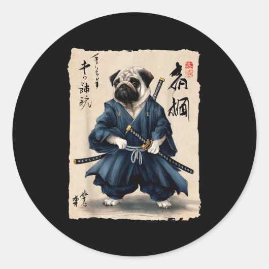Sticker Rond Samurai Pug Japanese Anime Dog Pug Lover Funny For (Devant)