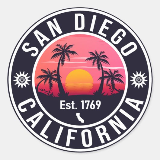 Sticker Rond San Diego California Retro Sunset Souvenirs 80s (Devant)