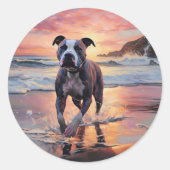 Sticker Rond Sandy American Staffordshire Dog on Beach Sunset (Devant)