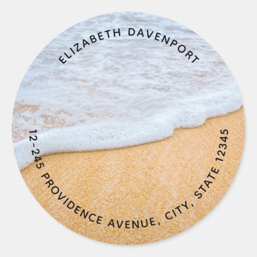 Sticker Rond Sandy Beach avec Surf en mousse Adresse (Devant)