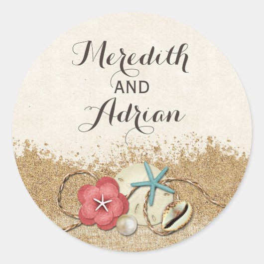 Sticker Rond Sandy Beach Hibiscus & Coques Mariage Personnalisé (Devant)