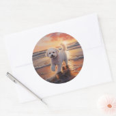 Sticker Rond Sandy Paws Bichon Frise Dog sur Beach Sunset (Enveloppe)