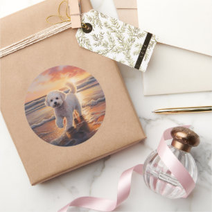 Sticker Rond Sandy Paws Bichon Frise Dog sur Beach Sunset