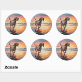 Sticker Rond Sandy Paws Bloodhound Dog on Beach Sunset (Feuille)