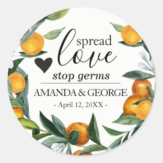 Sticker Rond Sanitizer à la main Mariage à oranges (Devant)