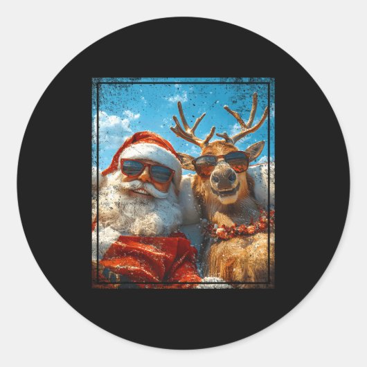 Sticker Rond Santa And Reindeer Selfie Funny Christmas Vacation (Devant)