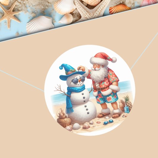Sticker Rond Santa and Snowman Tropical Island Christmas