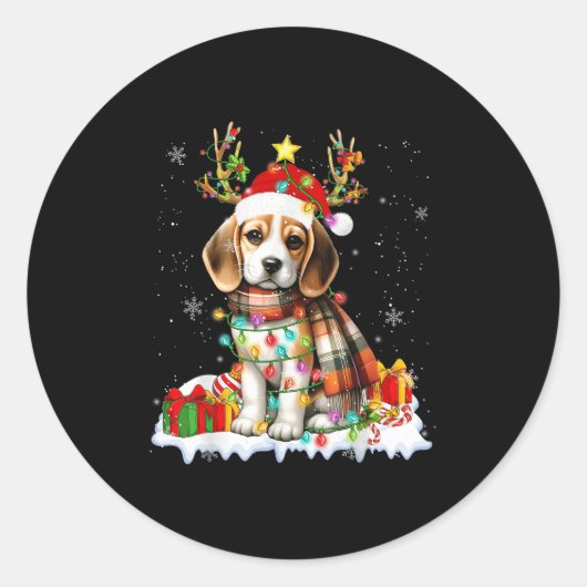 Sticker Rond Santa Beagle Christmas Lights Funny Reindeer Dog X (Devant)